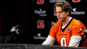 Cincinnati Bengals quarterback Joe Burrow speaks at a press conference at Paycor Stadium in Cincinnati on Nov. 25, 2025.