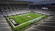 The NFL logo sits in an empty stadium before the league's inaugural game in Sao Paulo.