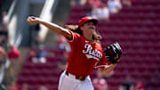 Cincinnati Reds starting pitcher Rhett Lowder delivers the pitch in the fourth inning of the MLB game between the Cincinnati Reds and Houston Astros at Great American Ball Park in Cincinnati on Sept. 4, 2024.
