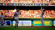 Boston Red Sox pitcher Kutter Crawford (50) gets a visit at the mound in the second inning of the MLB baseball game between the Cincinnati Reds and the Boston Red Sox at Great American Ball Park in Cincinnati on June 21, 2024.