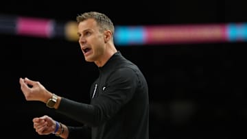 Apr 5, 2025; San Antonio, TX, USA; Duke basketball head coach Jon Scheyer directs players before a semifinal of the men's Final Four of the 2025 NCAA Tournament at the Alamodome. 