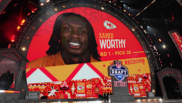Apr 25, 2024; Detroit, MI, USA; Texas Longhorns wide receiver Xavier Worthy is selected as the No. 28 pick of the first round by the Kansas City Chiefs during the 2024 NFL Draft at Campus Martius Park and Hart Plaza. Mandatory Credit: Kirby Lee-Imagn Images