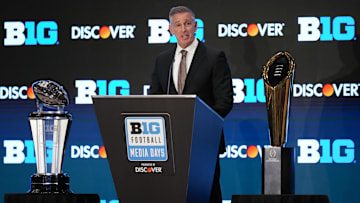 Jul 22, 2025; Las Vegas, NV, USA; Big Ten commissioner Tony Petitti speaks to the media during the Big Ten NCAA college football media days at Mandalay Bay Resort. Mandatory Credit: Lucas Peltier-Imagn Images