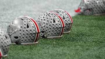 Jan 18, 2025; Atlanta, GA, USA; A Ohio State Buckeyes helmets on the field during practice at Mercedes-Benz Stadium. Mandatory Credit: Kirby Lee-Imagn Images