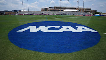 Jun 7, 2023; Austin, TX, USA; The NCAA logo on the infield during the NCAA Track & Field Championships at Mike A. Myers Stadium. Mandatory Credit: Kirby Lee-Imagn Images