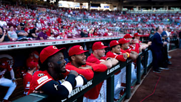 Cincinnati Reds shortstop Elly De La Cruz wears a number 14 patch on his jersey for Pete Rose at Great American Ball Park during the Cincinnati Red’s Pete Rose night at the ballpark on Wednesday, May 14, 2025 in Cincinnati.