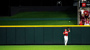 Cincinnati Reds center fielder Stuart Fairchild (17) catches a fly ball in the ninth inning of the MLB game at Great American Ball Park in Cincinnati on Saturday, Aug. 17, 2024.