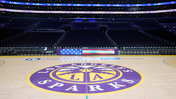 Aug 31, 2025; Los Angeles, California, USA; The LA Sparks logo at midcourt at Crypto.com Arena. Mandatory Credit: Kirby Lee-Imagn Images