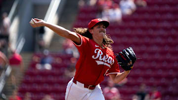 Cincinnati Reds starting pitcher Rhett Lowder delivers the pitch in the fourth inning of the MLB game between the Cincinnati Reds and Houston Astros at Great American Ball Park in Cincinnati on Sept. 4, 2024.