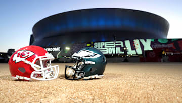 Feb 7, 2025; New Orleans, LA, USA; A general overall view of Kansas City Chiefs and Philadelphia Eagles helmets at the Caesars Superdome, the site of the Super Bowl LIX between the Kansas City Chiefs and the Philadelphia Eagles. Mandatory Credit: Kirby Lee-Imagn Images
