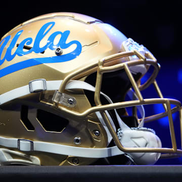 Jul 29, 2022; Los Angeles, CA, USA; A detailed view of UCLA Bruins helmet during Pac-12 Media Day at Novo Theater. Mandatory Credit: Kirby Lee-Imagn Images