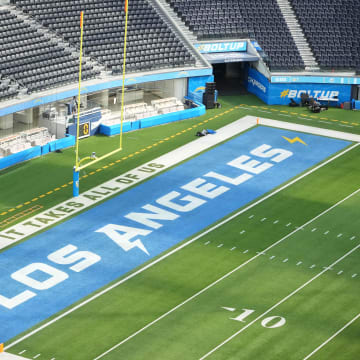 Sep 10, 2023; Inglewood, California, USA; Overall view of the Los Angeles Chargers bolt logo.