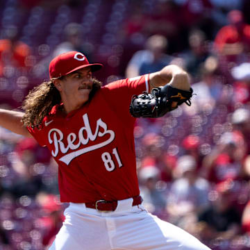 Cincinnati Reds starting pitcher Rhett Lowder (81) delivers the pitch in the first inning of the MLB game between the Cincinnati Reds and Houston Astros at Great American Ball Park in Cincinnati on Wednesday, Sept. 4, 2024.