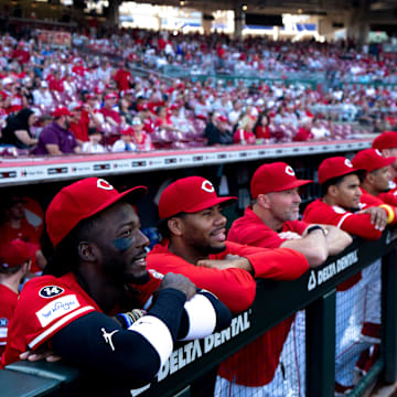 Cincinnati Reds shortstop Elly De La Cruz wears a number 14 patch on his jersey for Pete Rose at Great American Ball Park during the Cincinnati Red’s Pete Rose night at the ballpark on Wednesday, May 14, 2025 in Cincinnati.