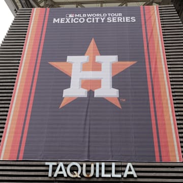 Apr 26, 2024; Mexico City, Mexico; A banner with the Houston Astros logo at Estadio Alfredo Harp Helu. Mandatory Credit: Kirby Lee-Imagn Images