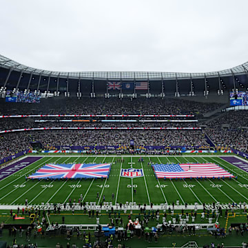 Oct 6, 2024; London, United Kingdom; A general view of the playing of the national anthem with United States and British flags on the field before the 2024 NFL London Game between the New York Jets and the Minnesota Vikings at Tottenham Hotspur Stadium.