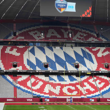Nov 13, 2022; Munich, Germany; The FC Bayern logo in the seats.