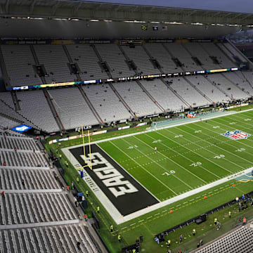 The NFL logo sits in an empty stadium before the league's inaugural game in Sao Paulo.