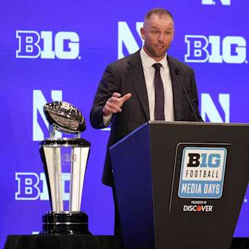 Jul 23, 2025; Las Vegas, NV, USA; Northwestern head coach David Braun speaks to the media during the Big Ten NCAA college football media days at Mandalay Bay Resort. Mandatory Credit: Lucas Peltier-Imagn Images