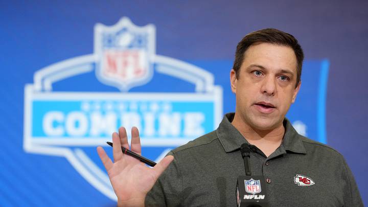 Feb 24, 2026; Indianapolis, IN, USA; Kansas City Chiefs general manager Brett Veach speaks at the NFL Scouting Combine at the Indiana Convention Center. Mandatory Credit: Kirby Lee-Imagn Images