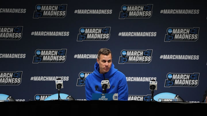 Mar 18, 2026; Greenville, SC, USA; Duke Blue Devils head coach Jon Scheyer during a press conference ahead of the first round of the men's 2026 NCAA Tournament.