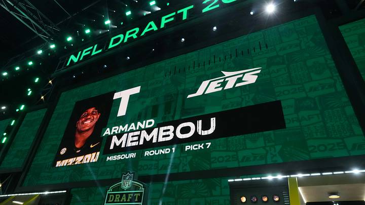 Apr 24, 2025; Green Bay, WI, USA; Missouri Tigers tackle Armand Membou is selected as the No.. 7 pick by the New York Jets during the NFL Draft at Lambeau Field. Mandatory Credit: Kirby Lee-Imagn Images