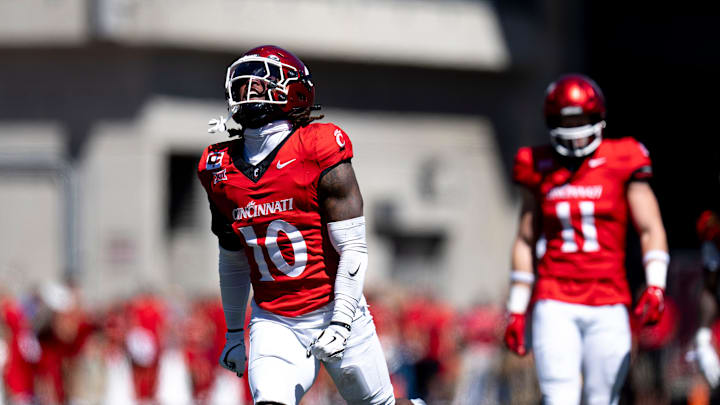 Cincinnati Bearcats defensive back Derrick Canteen (10) reacts to making a stop on 3rd down in the first quarter of the College Football game between the Cincinnati Bearcats and the Pittsburgh Panthers at Nippert Stadium in Cincinnati on Saturday, Sept. 7, 2024.