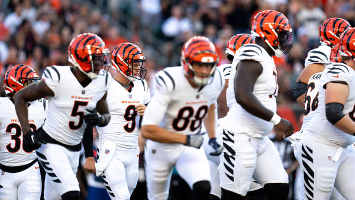 Cincinnati Bengals quarterback Joe Burrow (9) breaks the huddle in the first quarter of the NFL preseason game against the Tampa Bay Buccaneers at Paycor Stadium in Cincinnati Saturday, August 10, 2024.