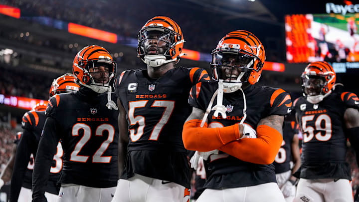 Cincinnati Bengals linebacker Germaine Pratt (57) celebrates an interception in the fourth quarter of the NFL Week 17 game between the Cincinnati Bengals and the Denver Broncos at Paycor Stadium in downtown Cincinnati on Saturday, Dec. 28, 2024. The Bengals took a 30-24 win in overtime to remain in the post season chase.