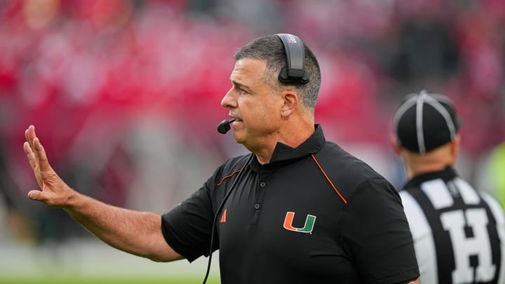 Sep 23, 2023; Philadelphia, Pennsylvania, USA;  Miami Hurricanes head coach Mario Cristobal calls a play in the second half against the Temple Owls at Lincoln Financial Field. Mandatory Credit: Andy Lewis-USA TODAY Sports