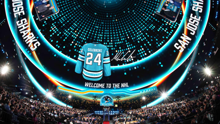 Jun 28, 2024; Las Vegas, Nevada, USA; Macklin Celebrini is selected with the 1st overall pick of the 2024 NHL Draft by the San Jose Sharks at The Sphere. Mandatory Credit: Joe Camporeale-USA TODAY Sports