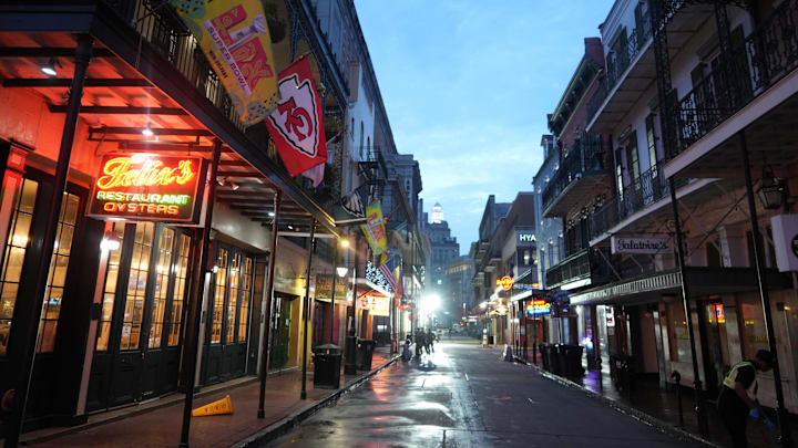 Feb 5, 2025; New Orleans, LA, USA; Kansas City Chiefs, Philadelphia Eagles and Super Bowl LIX flags at Felix's Oyster restaurant on Bourbon Street. Mandatory Credit: Kirby Lee-Imagn Images