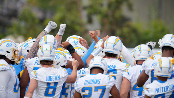 Jun 13, 2024; Costa Mesa, CA, USA; Los Angeles Chargers players huddle during minicamp at the Hoag Performance Center. Mandatory Credit: Kirby Lee-USA TODAY Sports