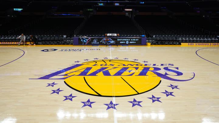 Jan 17, 2024; Los Angeles, California, USA; The Los Angeles Lakers logo at center court at the Crypto.com Arena. Mandatory Credit: Kirby Lee-USA TODAY Sports