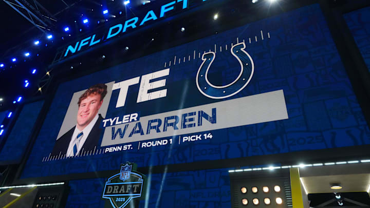 Apr 24, 2025; Green Bay, WI, USA; Penn State Nittany Lions tight end Tyler Warren is selected as the No. 14 pick by the Indianapolis Colts during the NFL Draft at Lambeau Field. Mandatory Credit: Kirby Lee-Imagn Images Apr 24, 2025; Green Bay, WI, USA; Penn State Nittany Lions tight end Tyler Warren is selected as the No. 14 pick by the Indianapolis Colts during the NFL Draft at Lambeau Field. Mandatory Credit: Kirby Lee-Imagn Images