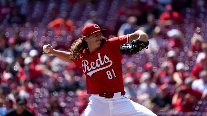 Cincinnati Reds starting pitcher Rhett Lowder (81) delivers the pitch in the first inning of the MLB game between the Cincinnati Reds and Houston Astros at Great American Ball Park in Cincinnati on Wednesday, Sept. 4, 2024.