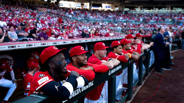 Cincinnati Reds shortstop Elly De La Cruz wears a number 14 patch on his jersey for Pete Rose at Great American Ball Park during the Cincinnati Red’s Pete Rose night at the ballpark on Wednesday, May 14, 2025 in Cincinnati.