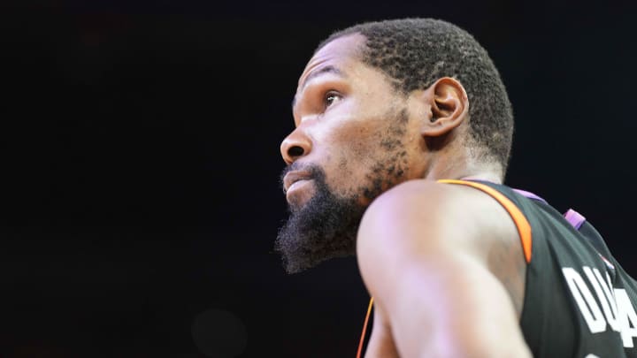 Apr 26, 2024; Phoenix, Arizona, USA; Phoenix Suns forward Kevin Durant (35) looks on against the Minnesota Timberwolves during the second half of game three of the first round for the 2024 NBA playoffs at Footprint Center. Mandatory Credit: Joe Camporeale-USA TODAY Sports