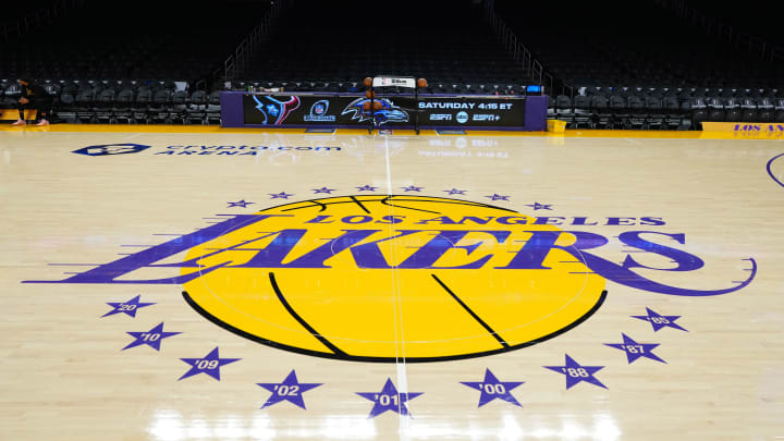 Jan 17, 2024; Los Angeles, California, USA; The Los Angeles Lakers logo at center court at the Crypto.com Arena. Mandatory Credit: Kirby Lee-USA TODAY Sports