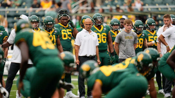 Sep 16, 2023; Waco, Texas, USA;  Baylor Bears head coach Dave Aranda observes pregame warmups before the game against the Long Island Sharks at McLane Stadium. Mandatory Credit: Chris Jones-USA TODAY Sports