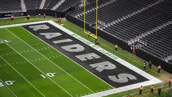 Dec 10, 2023; Paradise, Nevada, USA; The Las Vegas Raiders logo in the end zone with the words \"My Cause My Cleats\" at Allegiant Stadium. Mandatory Credit: Kirby Lee-USA TODAY Sports