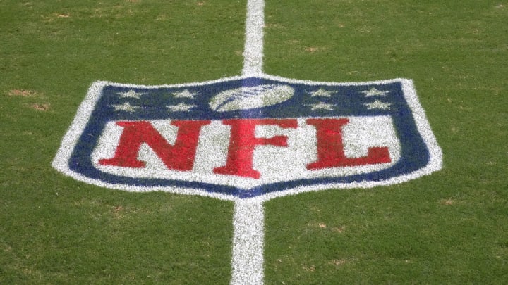 Aug 23, 2024; Paradise, Nevada, USA; The NFL shield logo on the field at Allegiant Stadium. Mandatory Credit: Kirby Lee-USA TODAY Sports