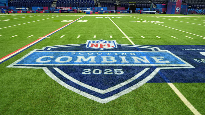The 2025 NFL Scouting Combine logo on the field at Lucas Oil Stadium. The 2025 NFL Scouting Combine logo on the field at Lucas Oil Stadium.