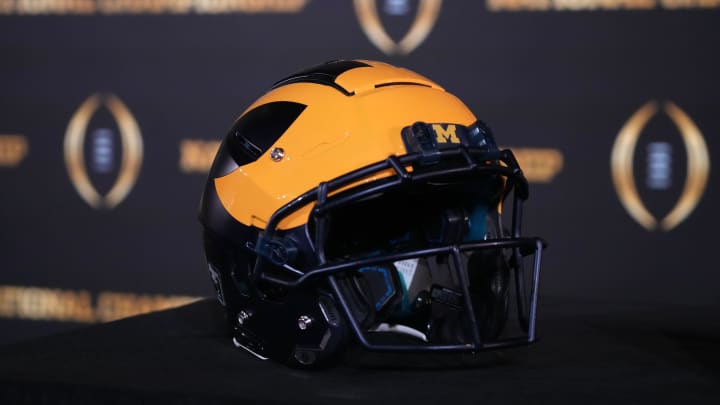 Jan 7, 2024; Houston, TX, USA; Michigan Wolverines helmet at the CFP National Championship Head Coaches press conference at JW Marriot Houston by the Galleria. Mandatory Credit: Kirby Lee-USA TODAY Sports