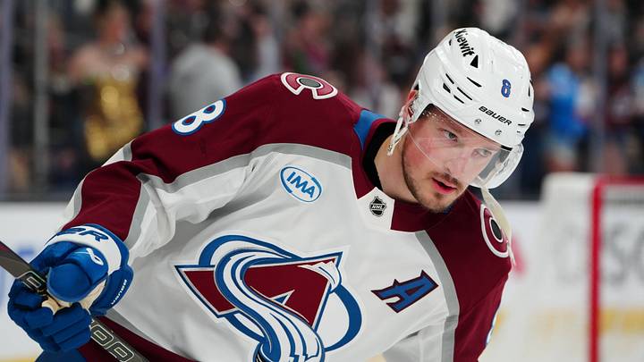 May 24, 2026; Las Vegas, Nevada, USA; Colorado Avalanche defenseman Cale Makar (8) warms up before a game against the Vegas Golden Knights in game three of the Western Conference Final of the 2026 Stanley Cup Playoffs at T-Mobile Arena. Mandatory Credit: Stephen R. Sylvanie-Imagn Images