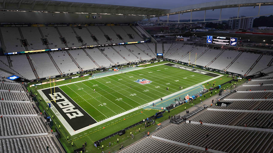 The NFL logo sits in an empty stadium before the league's inaugural game in Sao Paulo. | Kirby Lee-Imagn Images