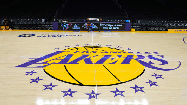 Jan 17, 2024; Los Angeles, California, USA; The Los Angeles Lakers logo at center court at the Crypto.com Arena. Mandatory Credit: Kirby Lee-USA TODAY Sports