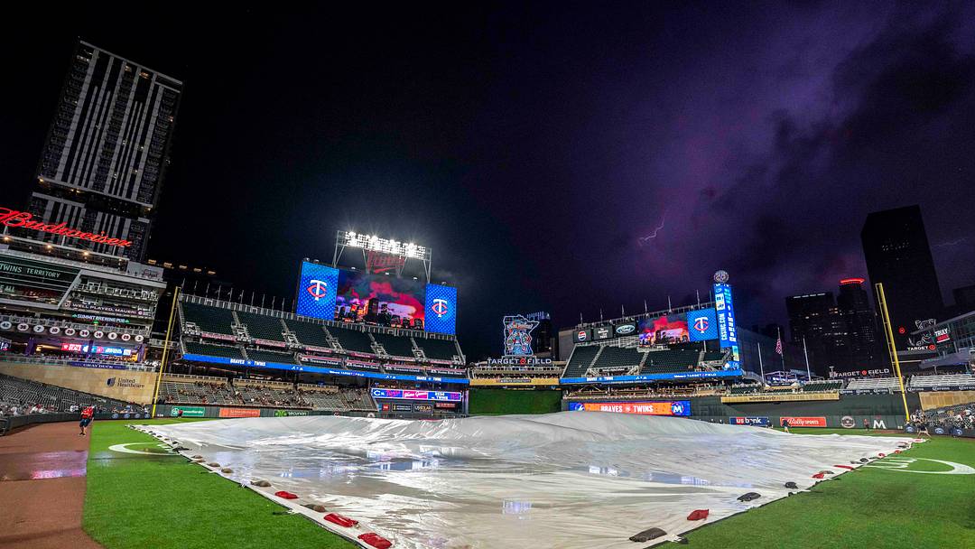 A general view of Target Field during a weather delay between the Atlanta Braves and Minnesota Twins at Target Field in Minneapolis on Aug. 26, 2024.