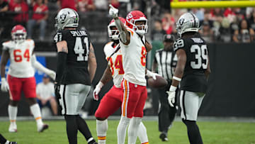 Oct 27, 2024; Paradise, Nevada, USA; Kansas City Chiefs wide receiver DeAndre Hopkins (8) gestures after a first down against the Las Vegas Raiders in the first half at Allegiant Stadium. Mandatory Credit: Kirby Lee-Imagn Images