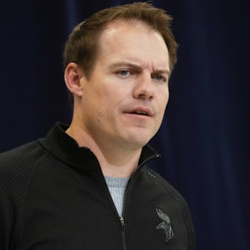 Feb 25, 2025; Indianapolis, IN, USA; Minnesota Vikings coach Kevin O'Connell speaks during the NFL Scouting Combine at the Indiana Convention Center.